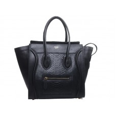 Borsa Tote media Celine Luggage in pelle di vitello nera con inserti in pelle di serpente nera
