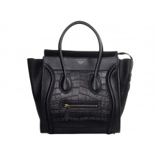 Borsa tote media Celine Luggage in pelle di vitello nera con stampa coccodrillo