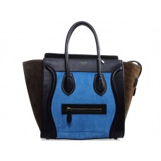 Borsa Tote Celine Luggage Media in Pelle di Vitello Nera/Casual Azzurra