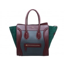 Borsa Tote Celine Luggage Media in Pelle di Vitello Grigio/Vino/Verde Scamosciato