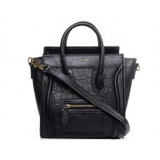 Celine Luggage Mini Tote in pelle di vitello nera con pelle di coccodrillo nera