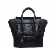 Celine Luggage Mini Tote in pelle di vitello nera con pelle di serpente nera