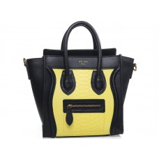 Celine Luggage Mini Tote in pelle di vitello nera con pelle di serpente gialla