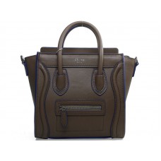 Celine Luggage Mini Tote in pelle di vitello color cachi con finiture blu