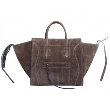 Borsa tote quadrata Phantom Luggage di Celine in pelle scamosciata color cachi con blu