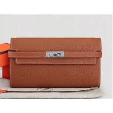 Portafoglio lungo Kelly in pelle originale Hermes Dogon Togo Camel