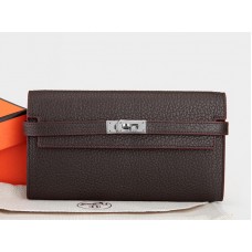 Portafoglio lungo Kelly in pelle originale Hermes Dogon Togo Choco