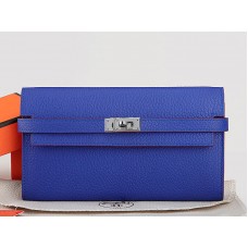 Portafoglio lungo Kelly in pelle originale Hermes Dogon Togo blu elettrico