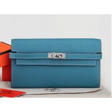 Portafoglio lungo Kelly in pelle originale Hermes Dogon Togo, blu medio