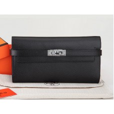 Portafoglio lungo Kelly in pelle di vitello originale Hermes Epsom nero