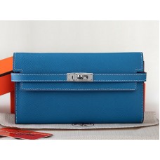 Portafoglio lungo Kelly in pelle di vitello originale Hermes Epsom blu
