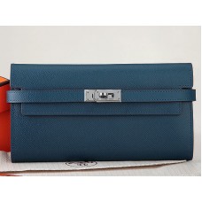 Portafoglio lungo Kelly in pelle di vitello originale Hermes Epsom blu scuro