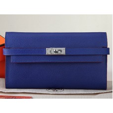 Portafoglio lungo Kelly in pelle di vitello originale Epsom Hermes blu elettrico