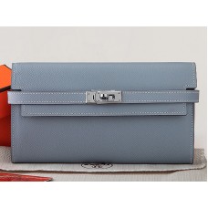 Portafoglio lungo Kelly in pelle di vitello originale Epsom Hermes grigio blu
