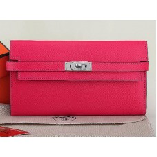 Portafoglio lungo Kelly in pelle di vitello originale Epsom Hermes rosa acceso