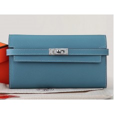 Portafoglio lungo Kelly in pelle di vitello originale Hermes Epsom blu chiaro
