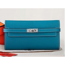 Portafoglio lungo Kelly Hermes Epsom Original in pelle di vitello, blu medio