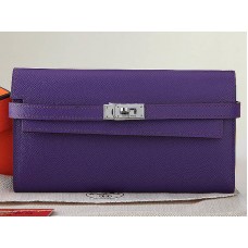 Portafoglio lungo Kelly in pelle di vitello originale Hermes Epsom viola