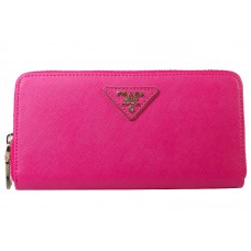 Portafoglio Prada Saffiano Zippy con logo triangolare rosa acceso