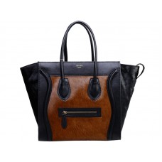 Borsa Tote media Celine Luggage in pelle di vitello nera / marrone pony