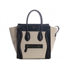 Borsa Tote media Celine Luggage in pelle di vitello nera/tela bianca
