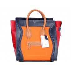 Borsa grande Celine Luggage in pelle di vitello blu/tela arancione