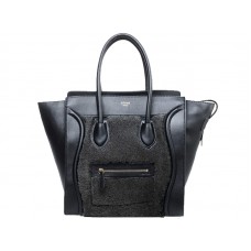 Borsa Tote media Celine Luggage in pelle di vitello nera/lana nera