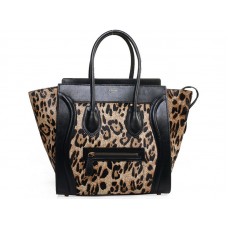 Borsa tote media Celine Luggage in pelle di vitello nera con stampa leopardata