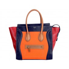 Borsa Tote media Celine Luggage in pelle di vitello blu/tela arancione