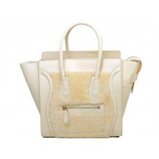 Borsa Tote media Celine Luggage in pelle di vitello color crema/lana color crema