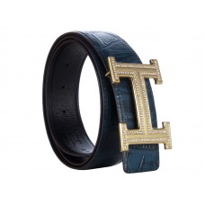 Cintura Hermes in pelle di coccodrillo con fibbia H dorata e diamante blu scuro