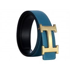 Cintura Hermes Togo in pelle con fibbia H dorata blu/nera