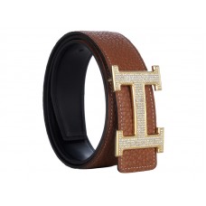 Cintura Hermes Togo in pelle dorata con fibbia H e montatura in diamante marrone