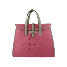 Borsa Hermes 08c Flap rosa con finiture in pelle grigia