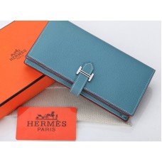Portafoglio bi-fold originale Hermes Epsom in pelle di vitello Bearn Japonaise, blu chiaro
