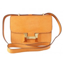 Borsa a tracolla singola Hermes Constance 23 in pelle di lucertola arancione