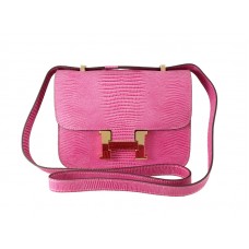 Borsa a tracolla singola Hermes Constance 23 in pelle di lucertola rosa