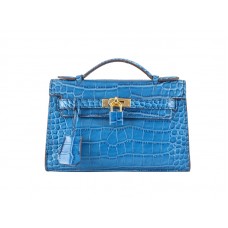 Hermes Matte Kelly Pochette Coccodrillo Blu Roi