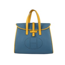 Borsa Hermes 08c Flap blu con finiture in pelle gialla