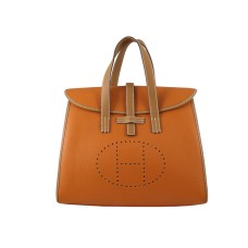 Borsa Hermes 08c Flap arancione con finiture in pelle marrone