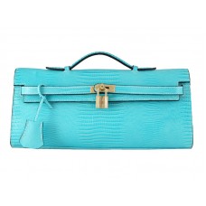Hermes Kelly Pochette Longue Pelle di Lucertola Blu