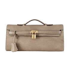 Hermes Kelly Pochette Longue Pelle di Lucertola Grigio