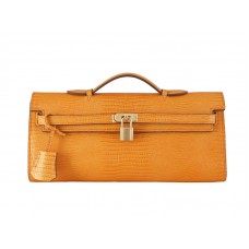 Hermes Kelly Pochette Longue Pelle Di Lucertola Arancione