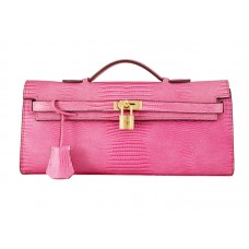 Hermes Kelly Pochette Longue Pelle di Lucertola Rosa