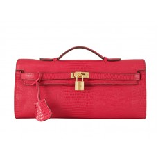 Hermes Kelly Pochette Longue Pelle di Lucertola Rossa