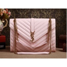 Borsa a tracolla classica grande con monogramma Yves Saint Laurent in pelle matelasse testurizzata Grain de Poudre rosa