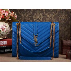 Borsa a mano grande con monogramma Yves Saint Laurent Classic in pelle trapuntata Grain de Poudre blu reale