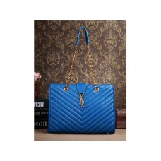 Borsa shopping classica monogramma Yves Saint Laurent in pelle trapuntata grain de poudre blu reale