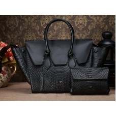 Borsa a mano Celine Tie Nano in pelle nera con manico in pitone