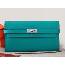 Portafoglio lungo Kelly in pelle di vitello originale Hermes Epsom Turchese